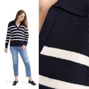 Hatch Navy and White Striped V-Neck Sweater